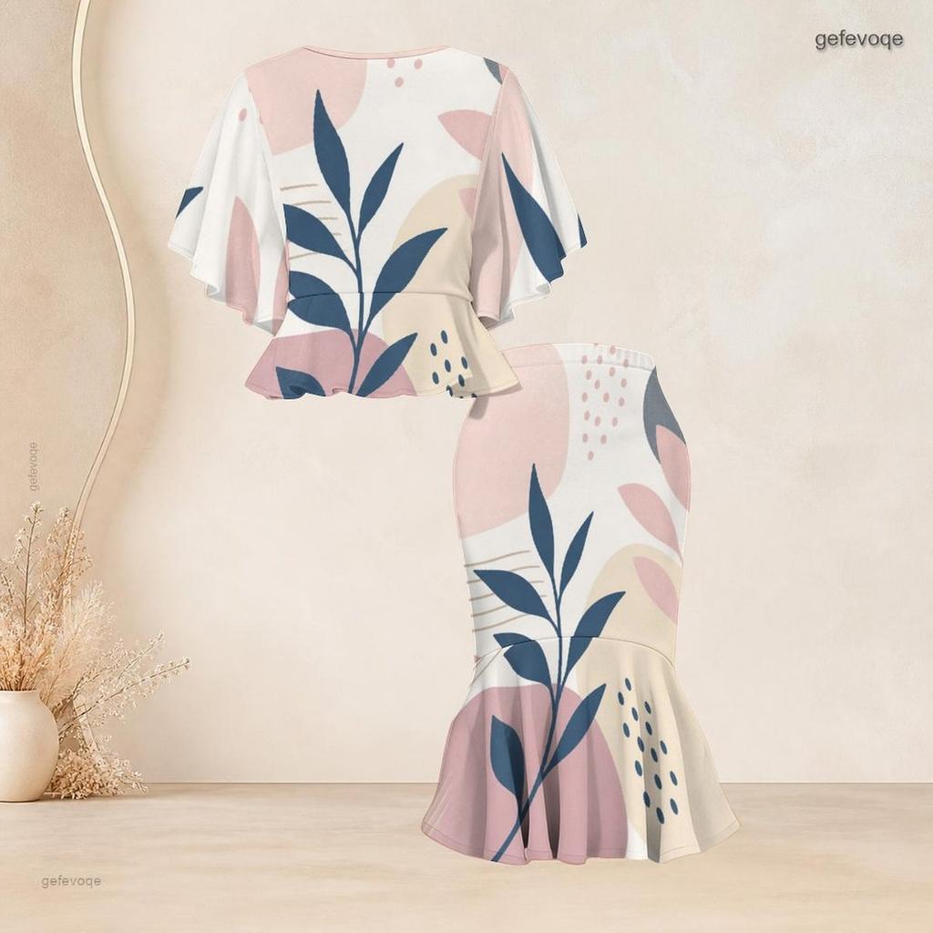 Women Plus Size Navy Golden Printed Round Neck Batwing Sleeve Ruffle Hem Top Fishtail Skirt Two Piece Set