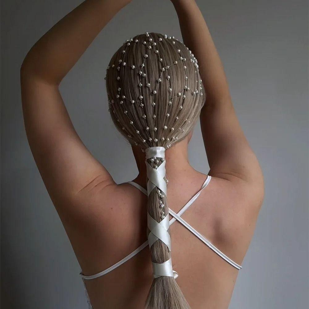 Long Tassel Bridal Hair Chain Imitation Pearl Tassel Headband  Special Occasions