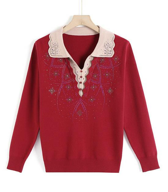 Mom's Plus Size Knit Lapel Sweater - Long-Sleeved Autumn/Winter Base Layer for Middle-Aged Women
