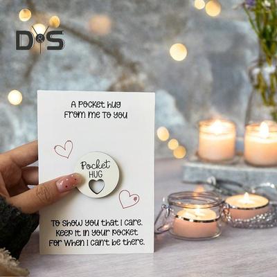 Pocket Hug Love Heart Token Decoration with Greeting Card Wooden Little Heart Sign Ornament Friends Family Birthday Anniversary Inspirational Gift