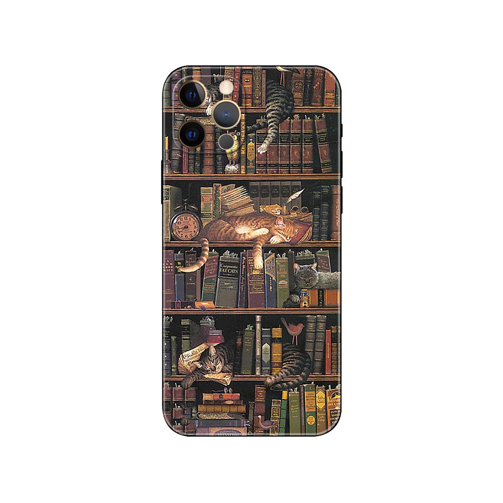 Cats and the Library Tree Phone Case for Iphone 5 5s 2020se 6 6s 7 8 Plus X 10 XR XS 11 12 13 Mini Pro MAX Black Tpu Back Cover