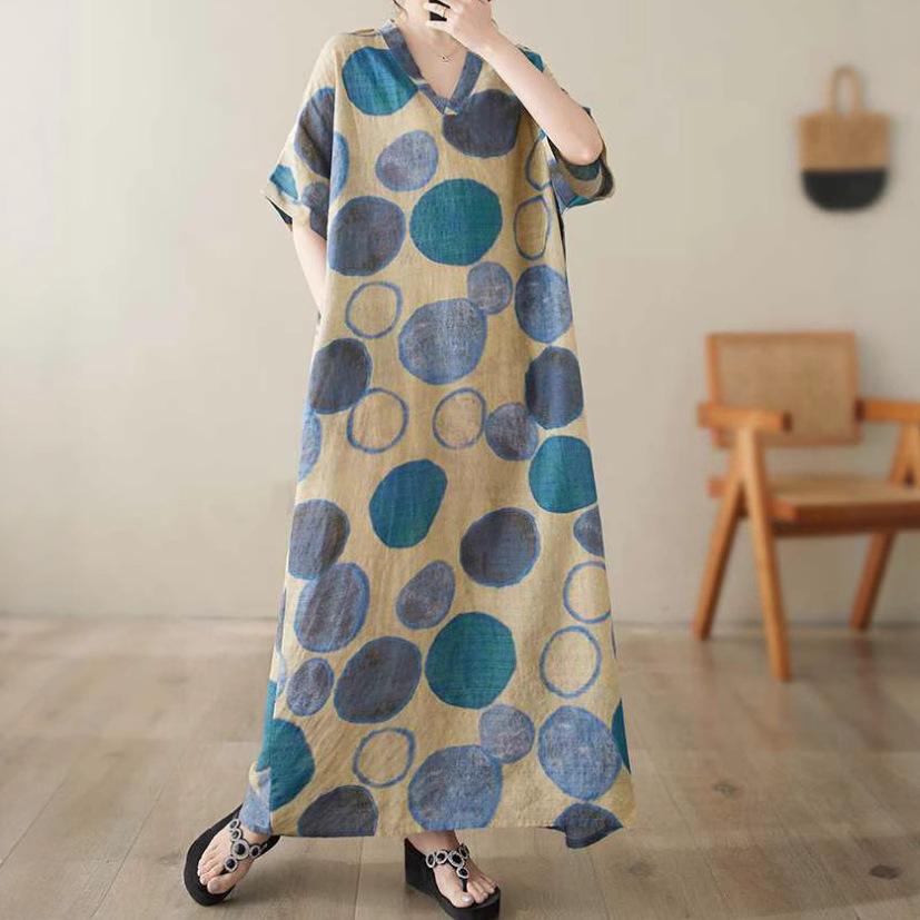 Summer Plus Size Loose Fit Vacation V-Neck Short Sleeve Maxi Dress Women Beach