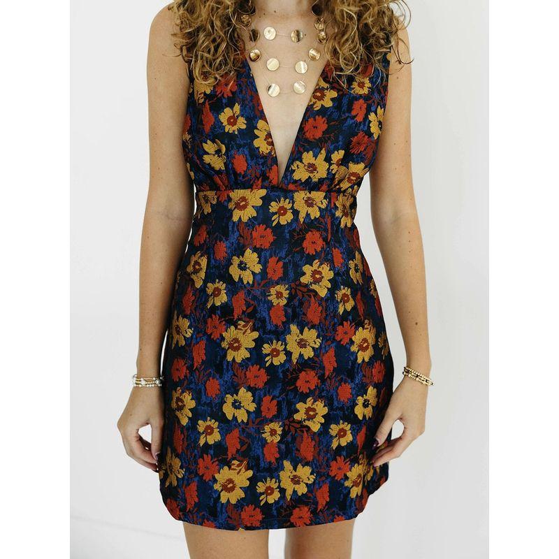 Foreign Trade Order Temperament Fashion Elegant Beautiful Jacquard Lady Flower V-neck Backless Slimming Short Gyaru Dress