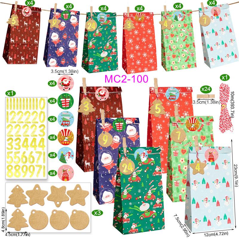 Christmas Advent Calendar Kraft Gift Bags Set - 24 Pieces