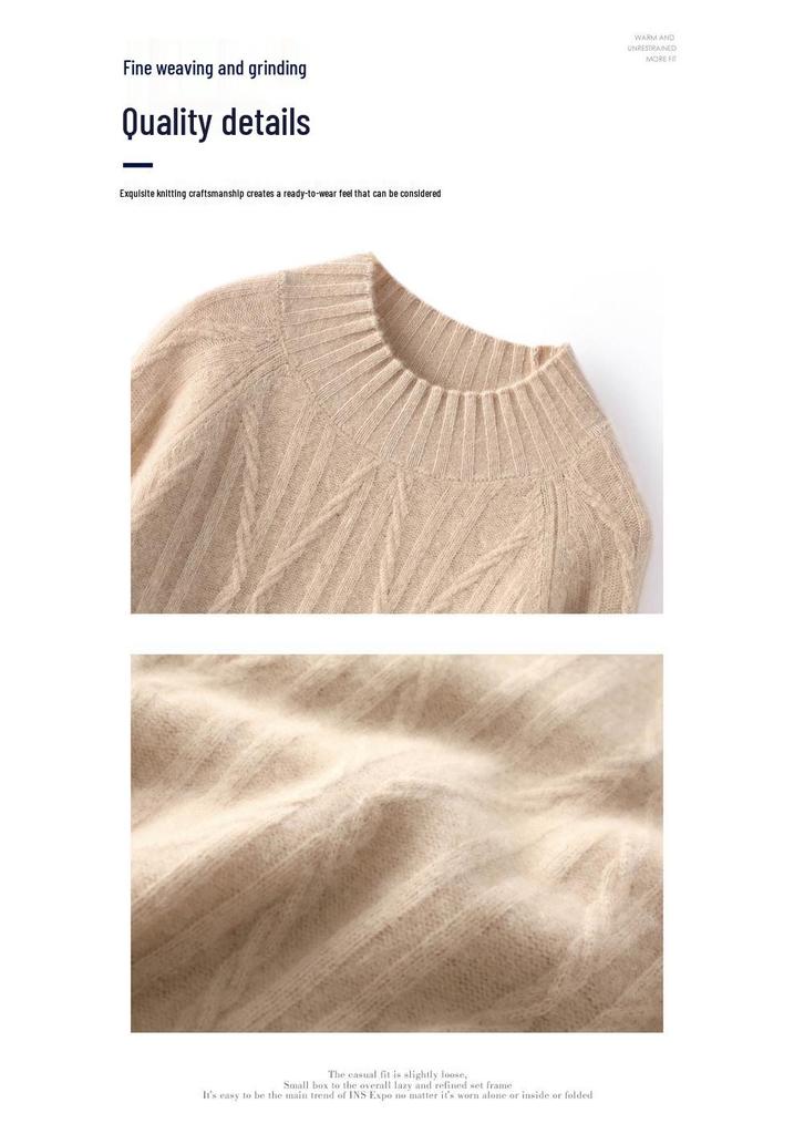 Women's Diamond Pattern Cashmere Cable Knit Wool Sweater, High Neck Pullover for Autumn and Winter