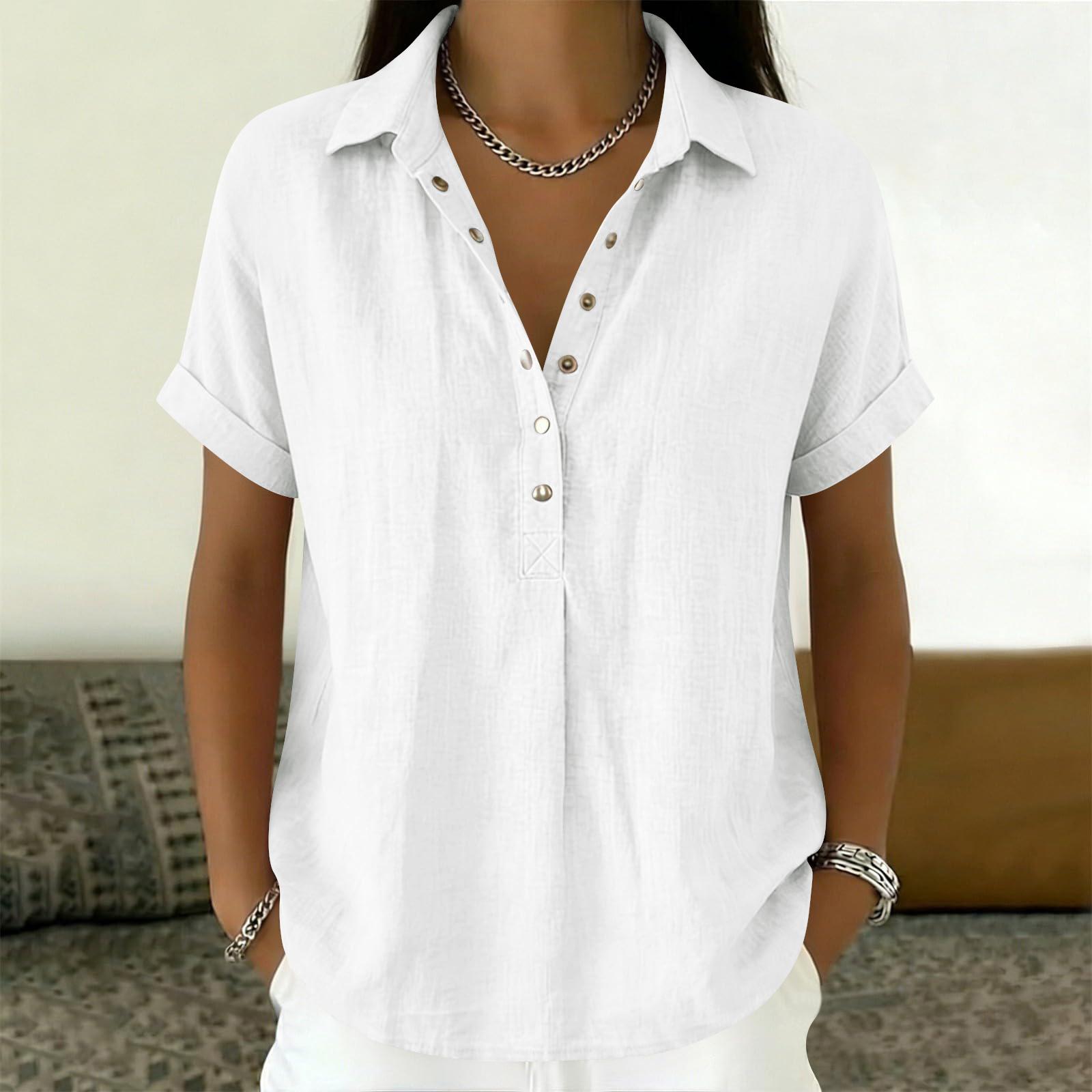 

Women s Button Down Shirts Short Sleeve V Neck Tops Plus Size Casual Boho Collared Blouses XL білий