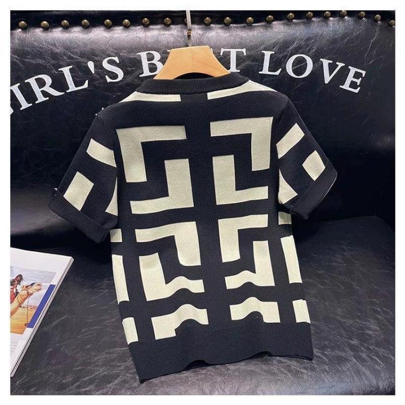 Spring and Autumn Geometric Pattern Base Shirt for Men, Slim Fit Casual Short Sleeve Knit Top