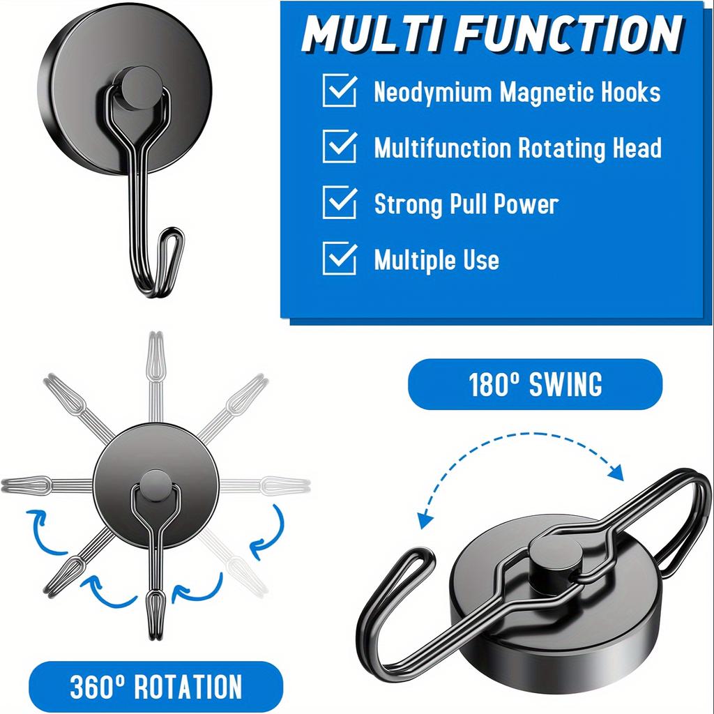 6pcs black Magnetic Hooks Cruis Heavy Duty Neodymium Rare Earth Magnetic Hangers, Extra Strong Magnets with Hook for Hanging