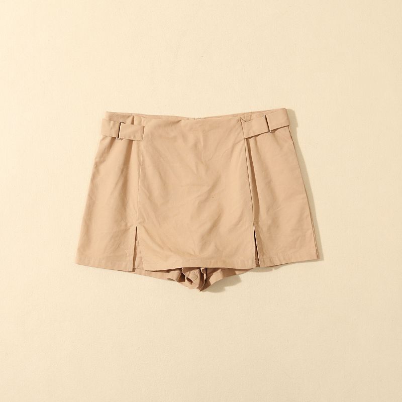 

European and American Wind Waist Slimming Design Split Shorts Front Skirt Back Pants Women Versatile Slim fit Comfortable Casual Culottes Shallow khaki XS