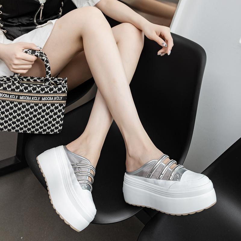 

Mesh breathable bag head half tray women s shoes in the summer of 2025 new thick-soled bright diamond solid color simple heelless slippers 39 серебряный