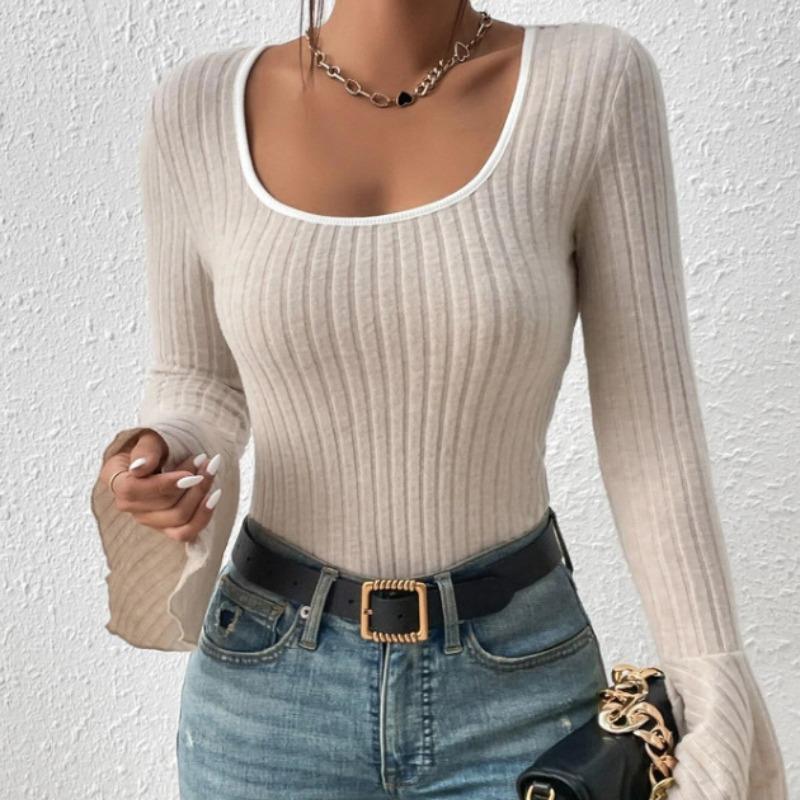 Autumn Square Collar Slim Fit Casual T Shirt for Women Fashion Vintage Flare Long Sleeve T-shirt Women Elegant Solid Winter Base Lady Tee Tops 25178