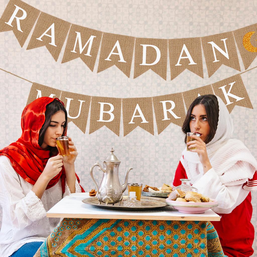 Eid Mubarak Linen Banner Garland Moon Star Hanging Ornaments Islamic Muslim for Home Ramadan Decoration Festival Party Supplies