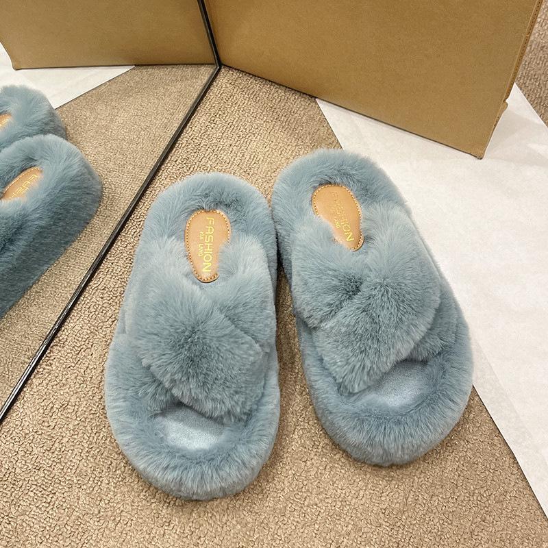 2024 autumn and winter new fluffy slippers women wear large size thick bottom plush office home versatile cotton slippers women
