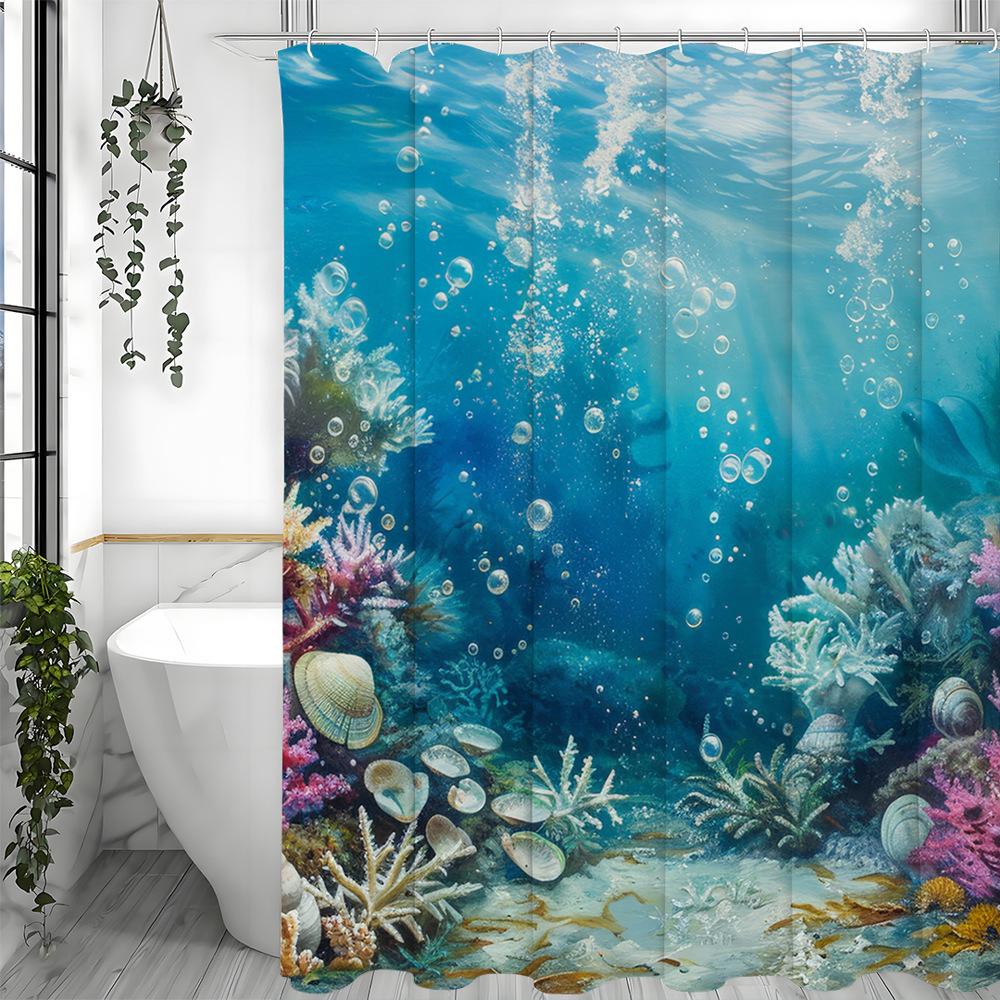 

Blue Underwater World Shower Curtain Washable Dirt-Resistant Shower Head Waterproof Polyester Bath Curtain For Home Decor W60H190(CM)-1 Pcs