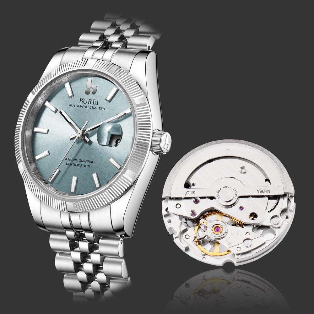BUREI Męski Automatyczny Wodoodporny Analogowy Mechaniczny Zegarek Jasnoniebieski Business Casual Datownik Luminescencyjny