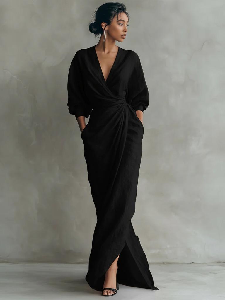 2026 European and American high-end linen wrap dress deep V bat sleeve waist pleated split fork with pocket dress