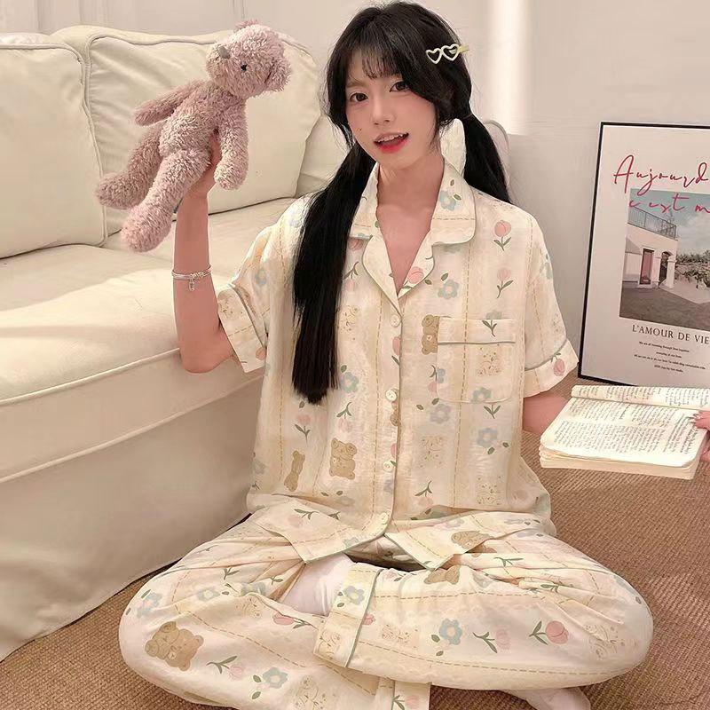 Sweet and Cute Pajamas Women's Summer Short-sleeved Trousers Girls Loungewear Suit