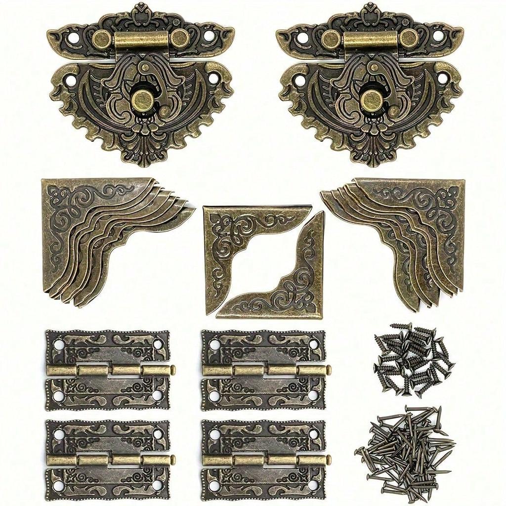 2 sady/22 ks Retro Dekorativní Skříňka Šperkovnice Západka Zámek Spona Vintage Bronz Gravírované Mini Krabička Panty A Chrániče Rohů Krabičky Se Šrouby