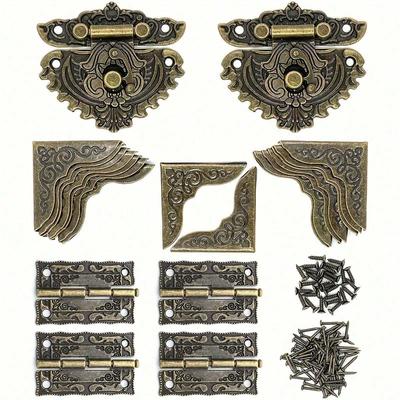 2sets/22pcs Retro Decorative Cabinet Jewelry Box Hasp Latch Lock Buckle Vintage Bronze Engraved Mini Box Hinges And Box Corner Protectors With Screws
