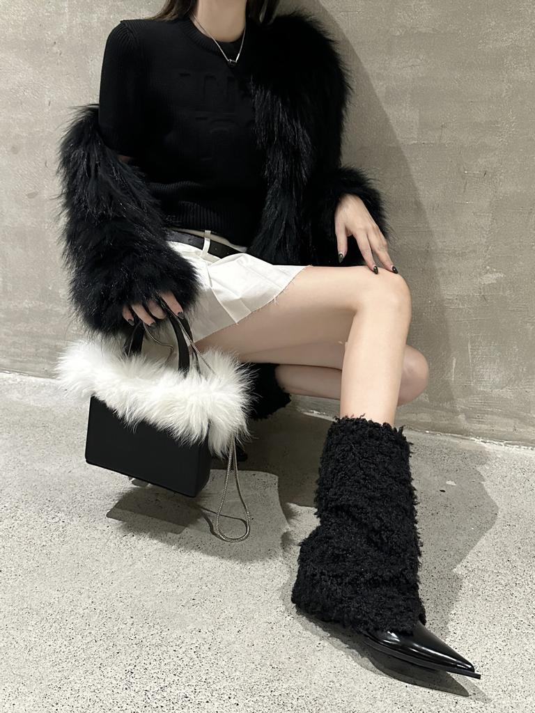Sheep curly splicing pointed short boots autumn and winter new fashion mid-tube boots Internet celebrity fashionable mid-heel trouser boots