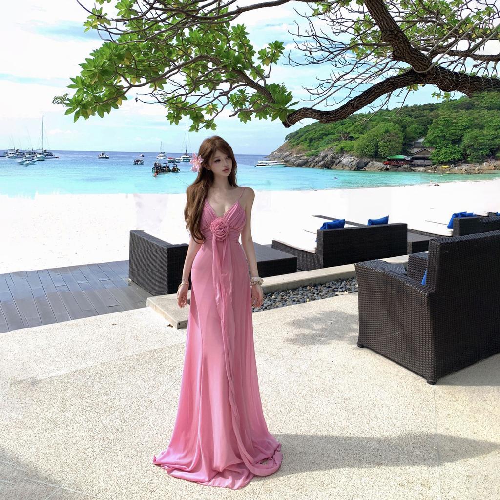 Seaside Vacation Beautiful Fairy Long Dress Dopamine Atmosphere Pink V-neck Flower Suspender Dress Woman
