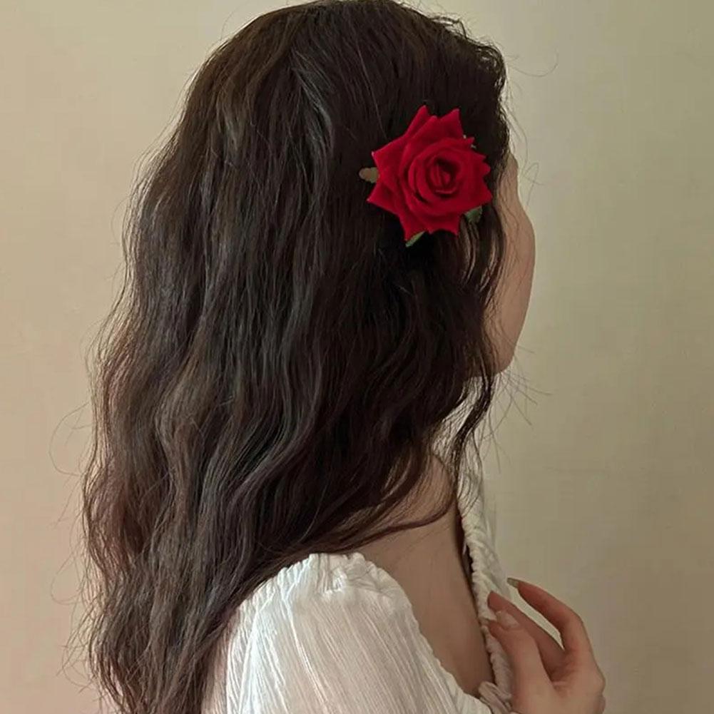 1pcs Retro Red Pink Rose Flower Hairpi Duckbill Clip Flower Brooch Women Hair Accessories Fashion Hair Clips Photo Props