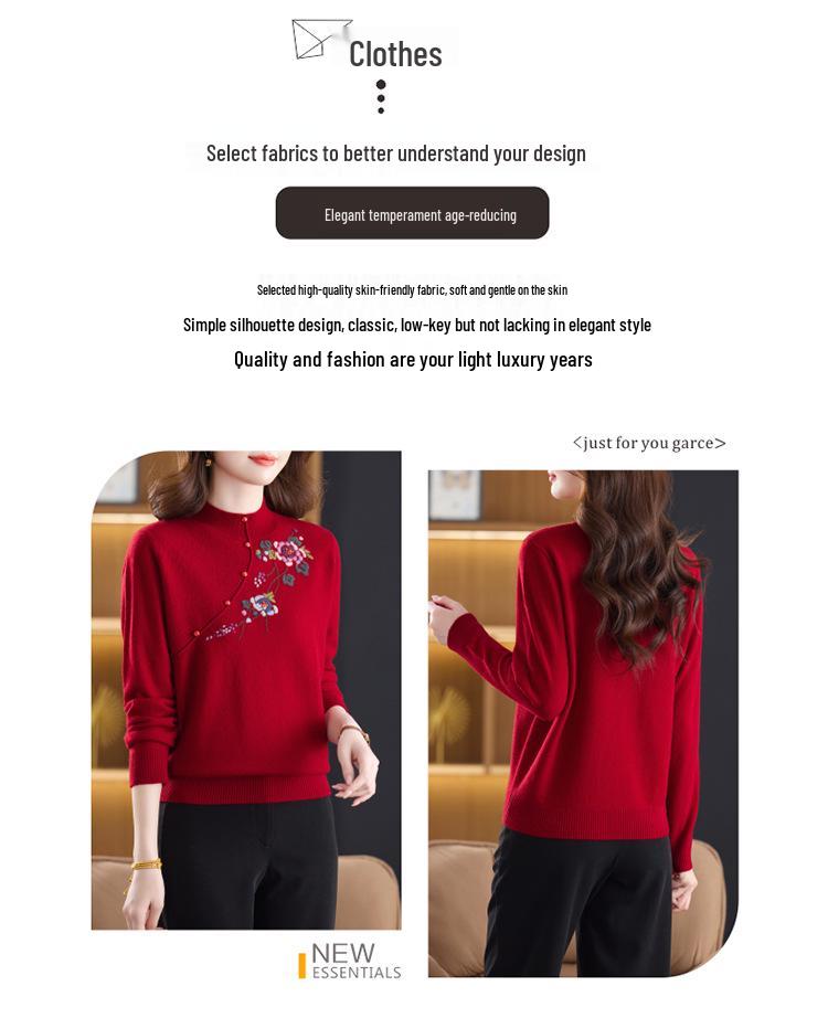 Stylish 100% Wool Sweater: Women's Autumn/Winter Embroidered Half-High Neck Knitwear, Warm Base Layer Cardigan