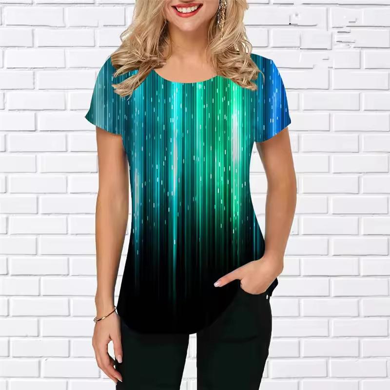 Summer Round Neck 3D Gradual Glitter Print Top Fashionable Casual Short Sleeved Women's T-shirts