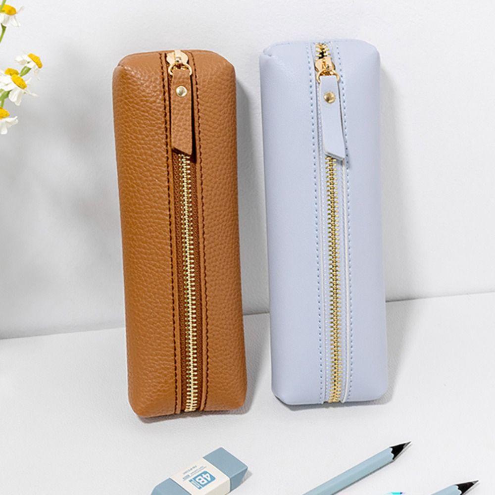 PU Leather Pen Bag Lychee Grain Pen Storage Bag Simple Stationery Organizer School Office