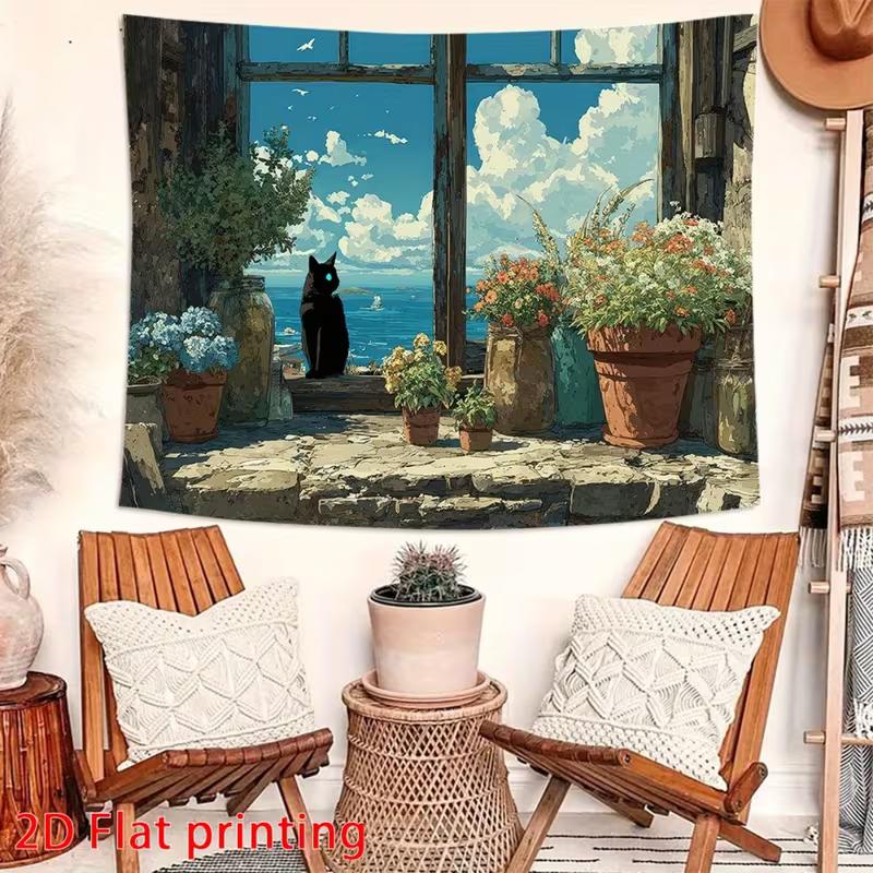 2D Vintage Window Cat Backdrop Cloth, Coastal Flower Pot Room Background
