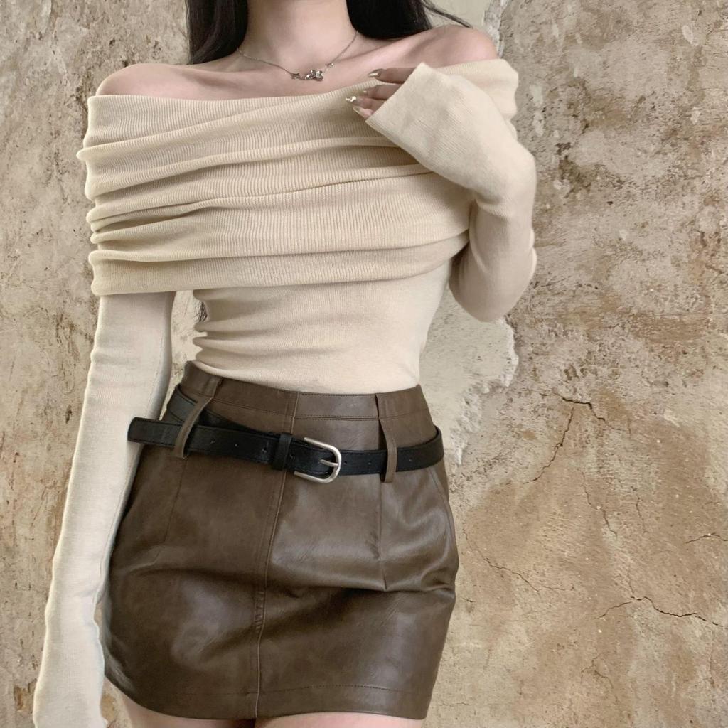 Early Autumn Off-Shoulder Slim-Fit Long-Sleeve T-Shirt for Women
