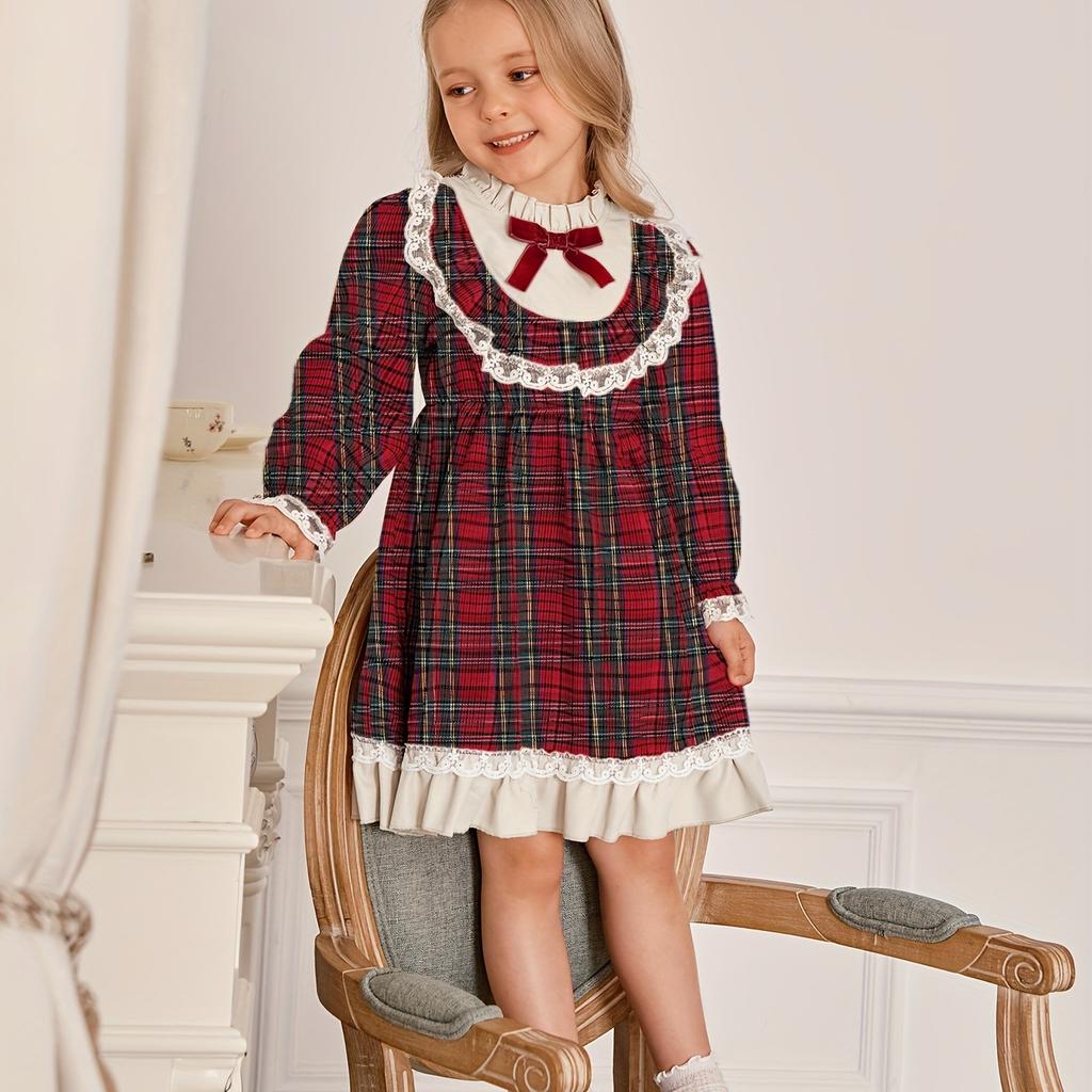 Kinderbekleidung Neues Herbst Winter Mädchen College-Stil Rüschen Karokleid