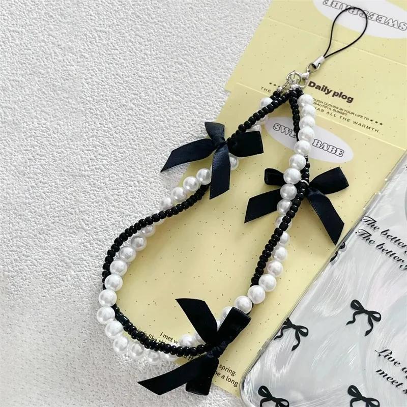 Sweet Black Pink BowKnot Beads Phone Chain Charm Lanyard For iPhone Samsung Huawei Universal Accessories Jewelry Pendant