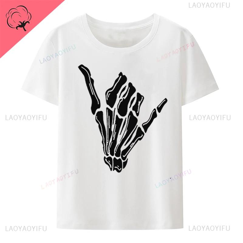 Halloween Finger Skeleton Printed  Tshirt Gothic Street Fashion Oneck Cotton Short Sleeve Tee Loose Breathable Hipster Tops