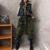 Personality trendy and cool old-fashioned printed denim lapel collar long-sleeved short jacket multi-pocket trousers two-piece set women's autumn 