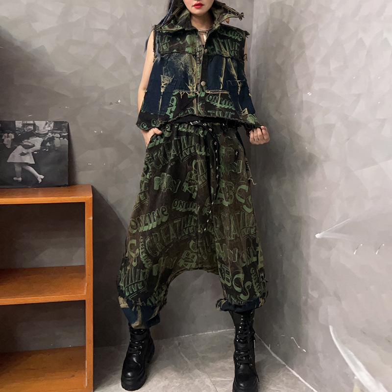 Personality trendy and cool old-fashioned printed denim lapel collar long-sleeved short jacket multi-pocket trousers two-piece set women's autumn