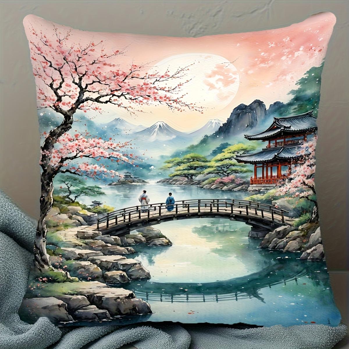 Jmg Clothing Unisex Japanese Garden Cushion Cover, Sakura Tree Landscape Pillowcase, Asian Pagoda Moon Decor, Sofa Throw Pillow