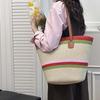 Polyester Shopping Straw Bag Lightweight Summer Beach Handbag Stripe Woven Tote Bag  Spring