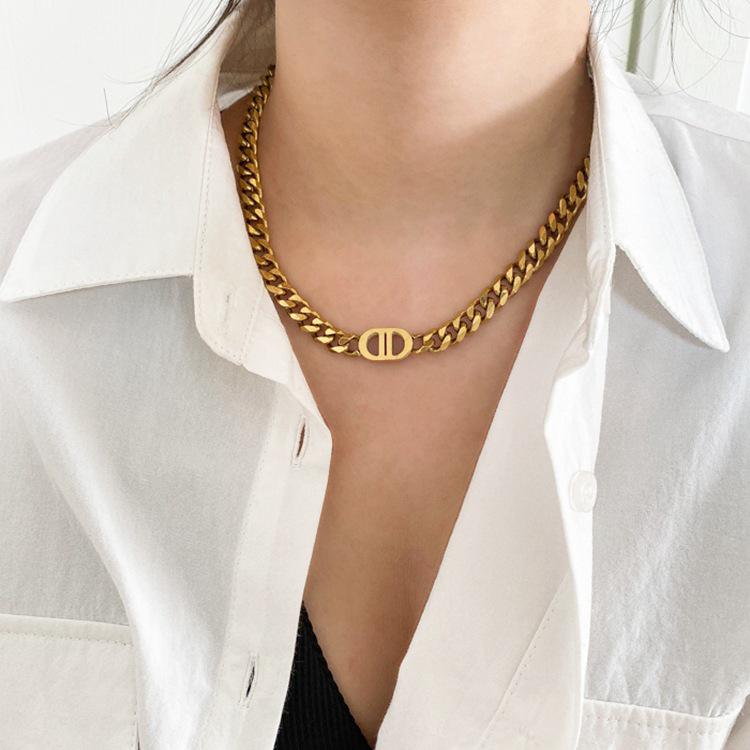 Gold Double D Titanium Steel Chain Necklace - Bold European & American Style for Women