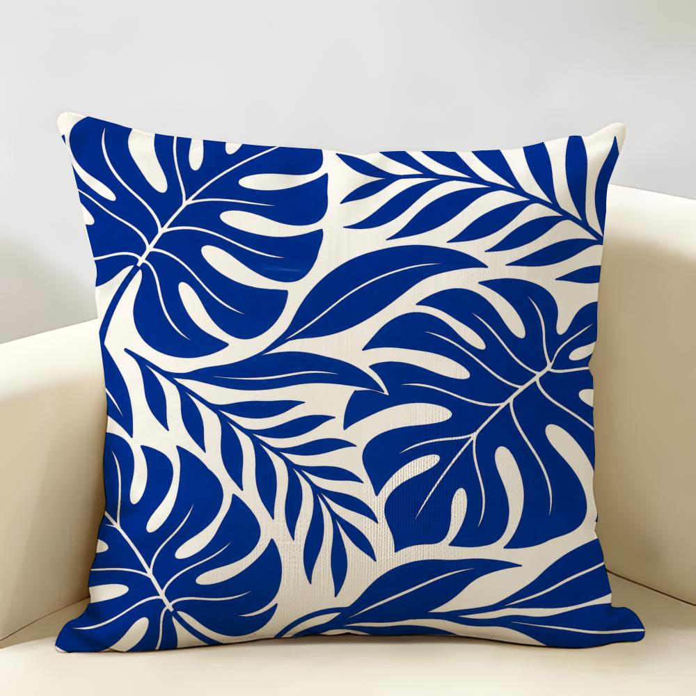 Blue Navy Tropical Silhouette Leaf Cushion Cover Durable Hypoallergenic Organic Linen Short Pillow Cover Washable