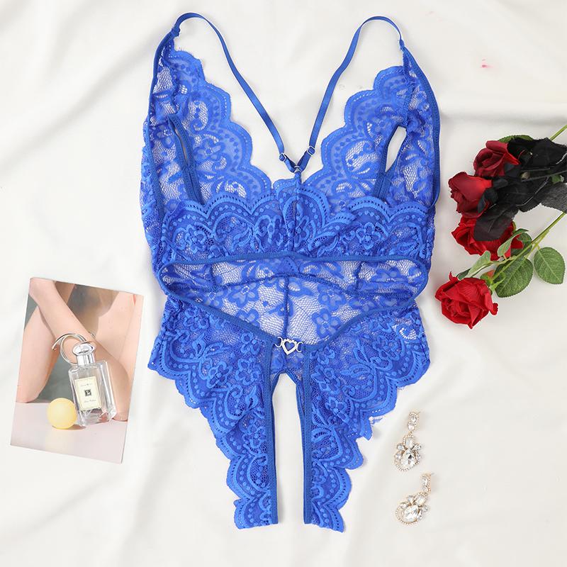New Blue Sexy Lingerie Hollow Out Straps Backless Porn Transparent Underwear Crotchless Bodysuit Deep V Open Bra Erotic Costumes