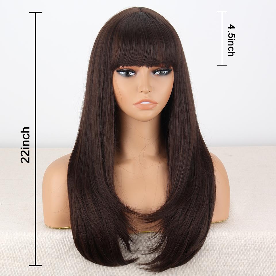 LISI HAIR Dámská přírodní rovná hnědá paruka s ofinou Syntetické vlákno Přírodní vlnitá vrstvená paruka Cosplay Denní nošení