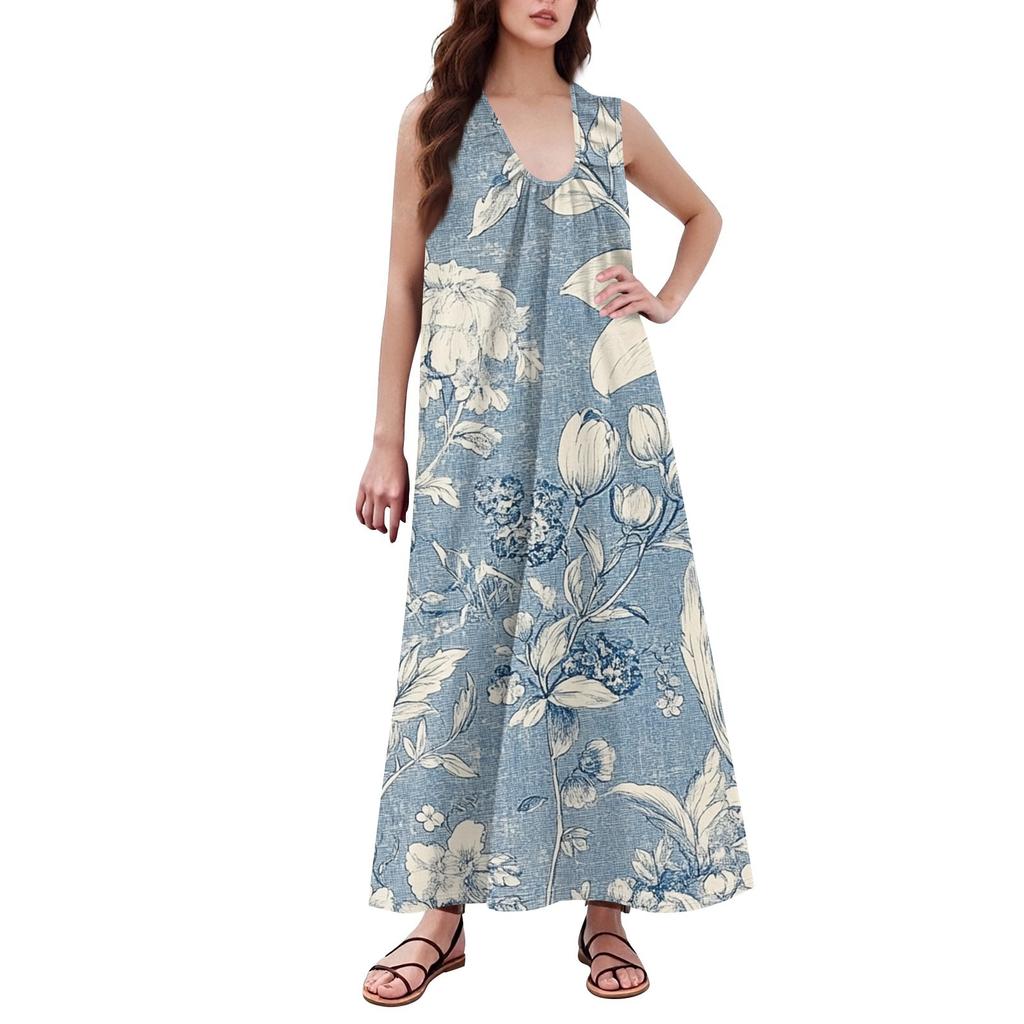 Women's Fashion Casual A-line Retro Printed Hammer Feeling Loose Long Skirt With Pockets