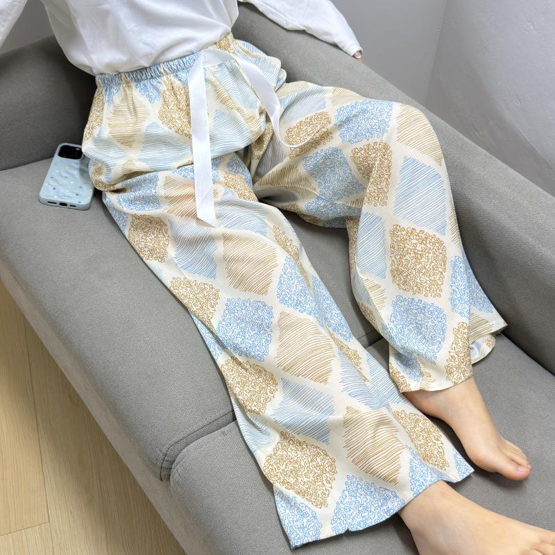 Damen-Blumen-Baumwoll-Seiden-Pyjama - Große Größen, Sommer, Leicht, Für draußen, Gerades Bein, Lockerer Schnitt