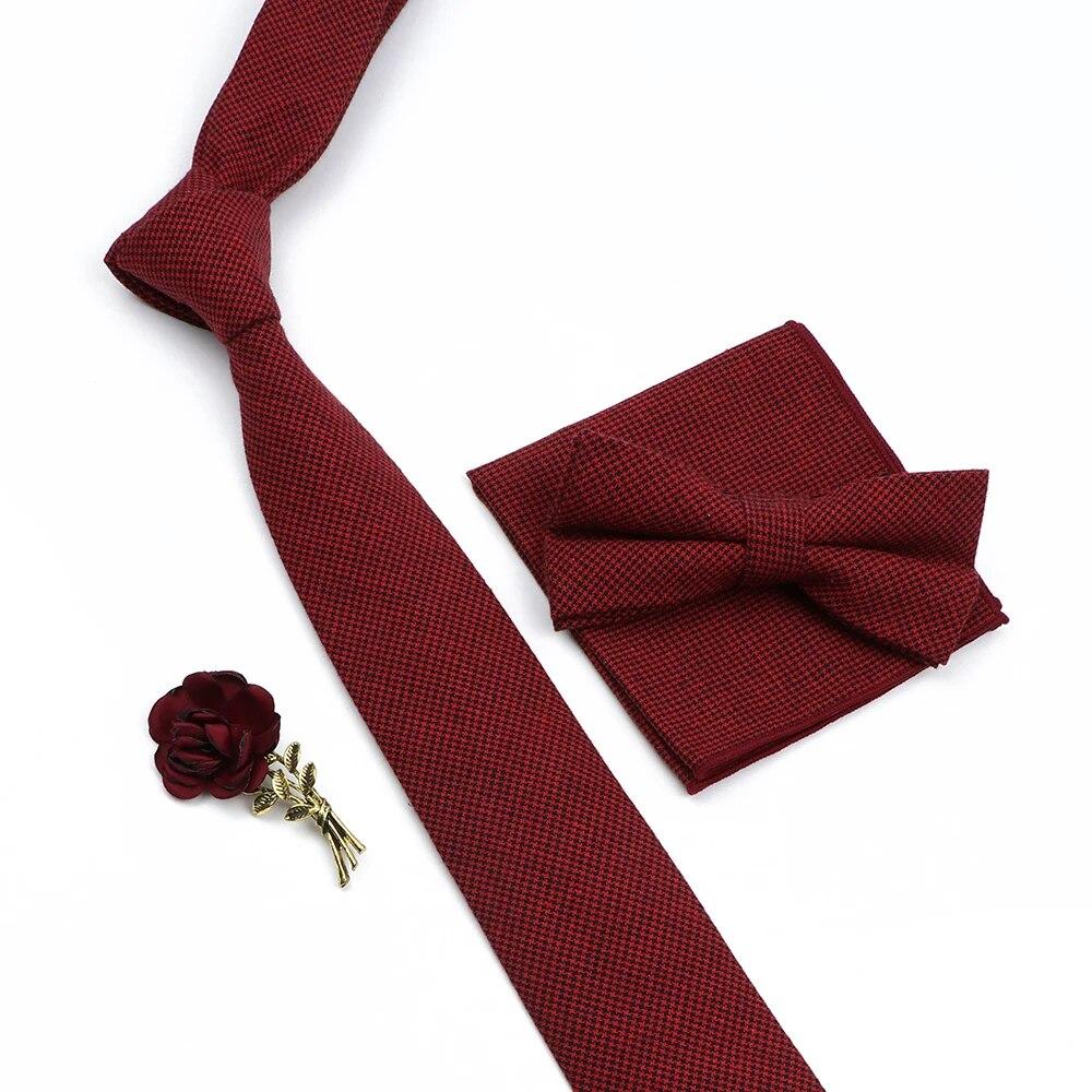 Solid Color Cotton Necktie Set For Men Tie 4pcs Hanky Cufflinks Rhinestone FLoral Brooch Tie Set