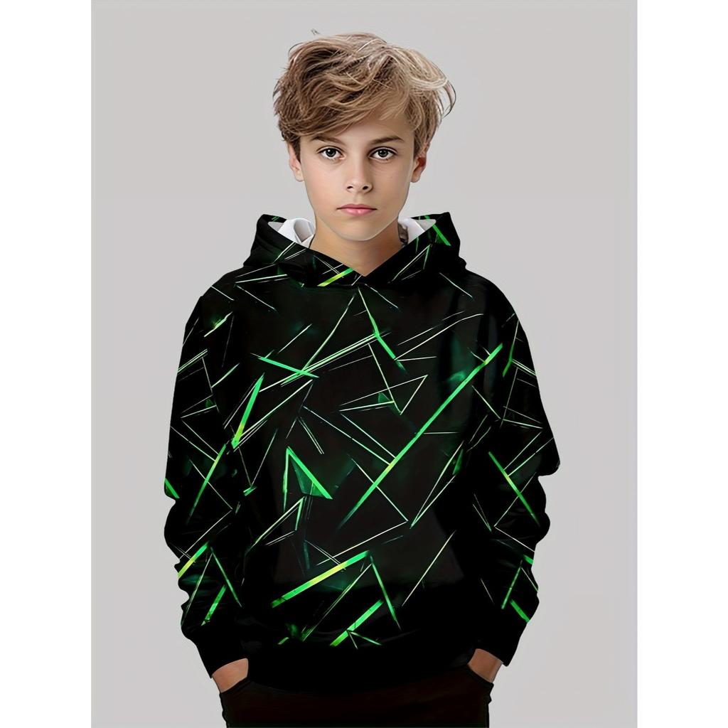 Jungen Kapuzenpullover 3D-Druck, langärmliges lässiges Sportoberteil mit geometrischen und linearen Mustern