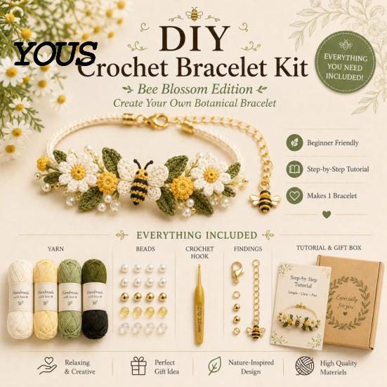 Handmade Accessory DIY Kit Crochet Bracelet Kit, Flower Craft Set with Beads, Yarn And Beads Floral Making for Beginners, Gift Beginners