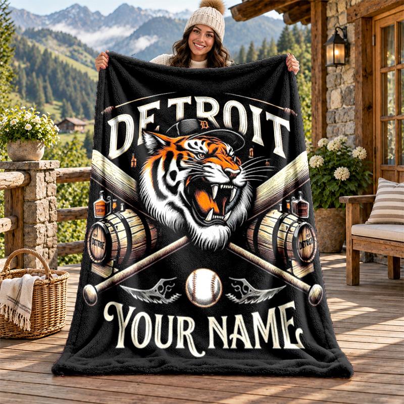Detroit Tigers Custom Name Flannel Blanket Personalized Soft Warm Plush Throw Blanket Customized Gift for Family Friends