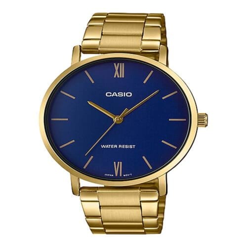 Casio MTP-VT01G-2B Men's Gold Tone Stainless Steel Minimalistic Blue Dial 3-Hand Analog Watch