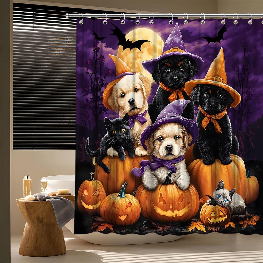Halloween Shower Curtain Cute Dogs And Cats With Witch Hats Horror Pumpkins Full Moon Spooky Bat Gothic Animals Bath Curtain
